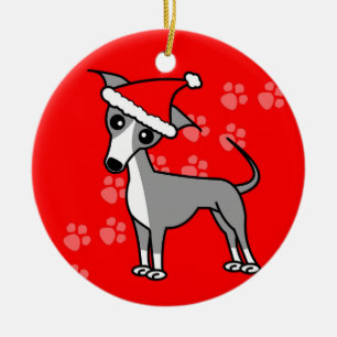Cute Italian Greyhound Cartoon Santa Hat Ceramic Tree Decoration