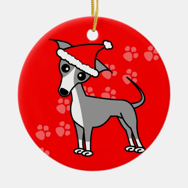 Cute Italian Greyhound Cartoon Santa Hat Ceramic Tree Decoration (Front)