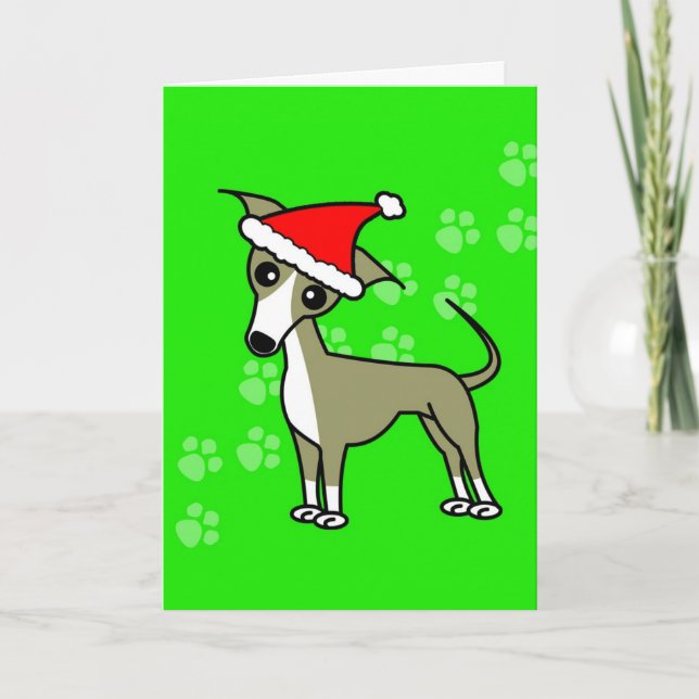 Cute Italian Greyhound Cartoon Santa Hat Holiday Card (Front)