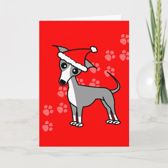 Cute Italian Greyhound Cartoon Santa Hat Holiday Card (Front)