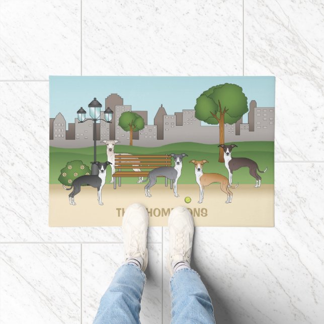 Cute Italian Greyhound Dogs In A Park Cartoon Art Doormat (Indoor)