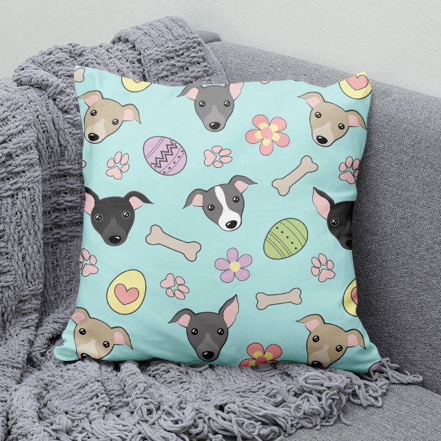 Cute Italian Greyhound Easter eggs Cartoon Pattern Cushion (Creator Uploaded)