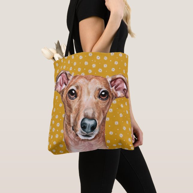 Cute Italian Greyhound Yellow White Flower Pattern Tote Bag (Close Up)