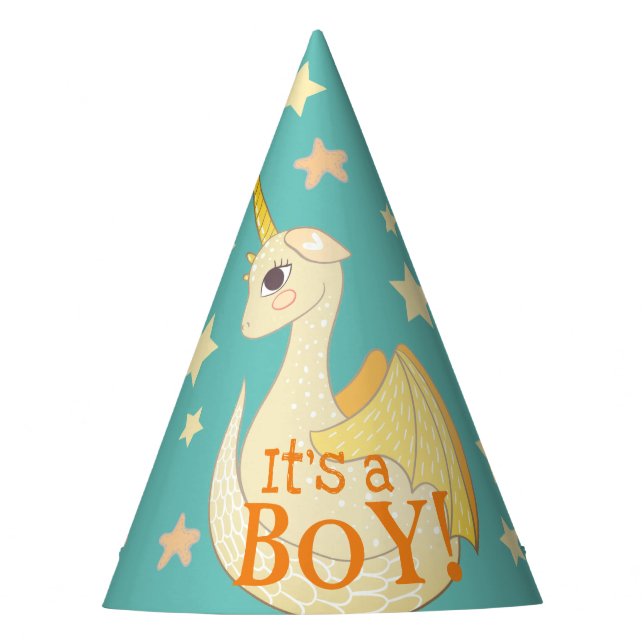 Cute It's A Baby Boy Birthday Dragon Customisable Party Hat (Front)