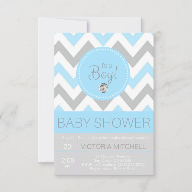Cute 'It's a Boy' Blue/Grey Chevron Baby Shower Invitation (Front)