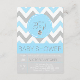 Cute 'It's a Boy' Blue/Grey Chevron Baby Shower Invitation