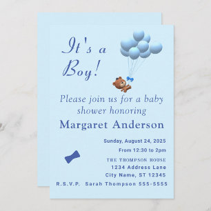 Cute It's a Boy Teddy Bear and Balloons Theme Invi Invitation