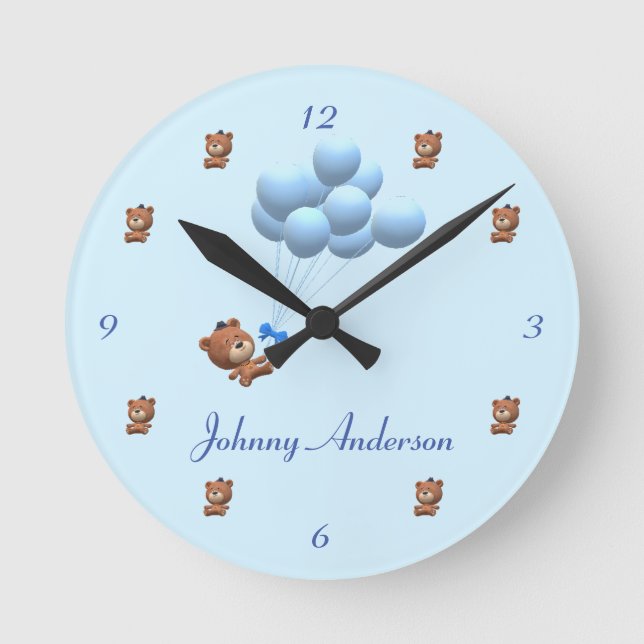 Cute It's a Boy Teddy Bear and Balloons Theme  Round Clock (Front)