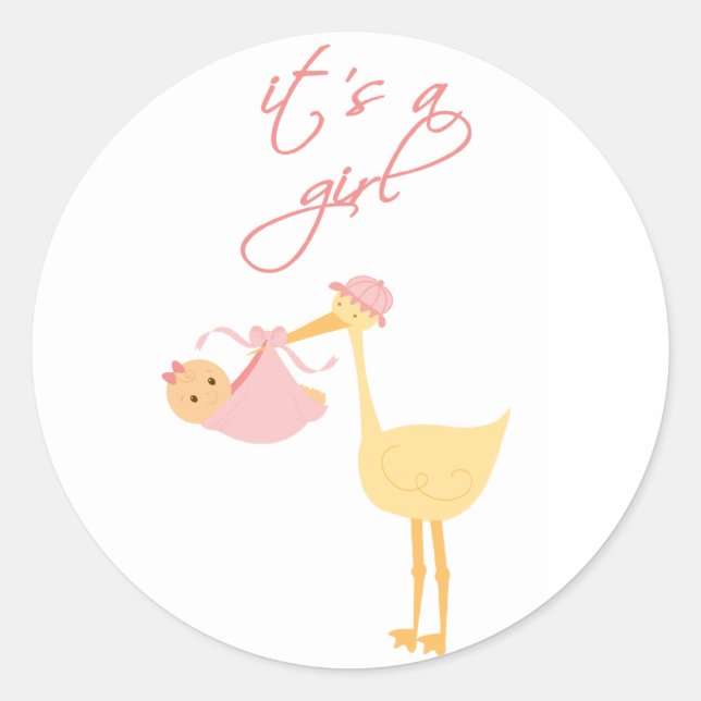 Cute it's a girl pink stork holding baby stickers (Front)