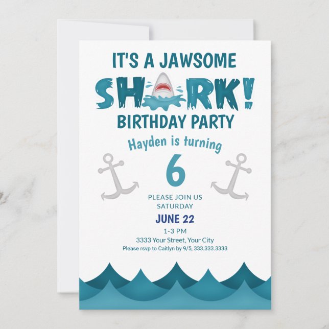 Cute It's a Jawsome Shark Birthday Party Invitation (Front)