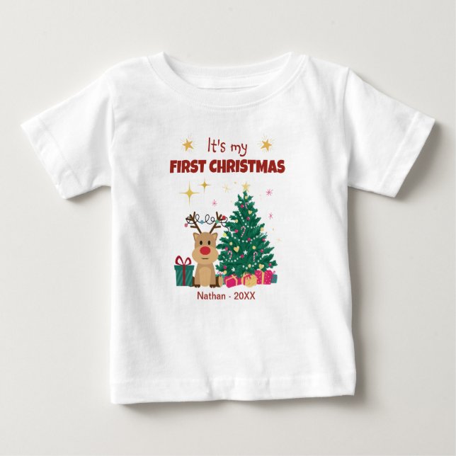 Cute It's My First Christmas With Reindeer Baby T-Shirt (Front)