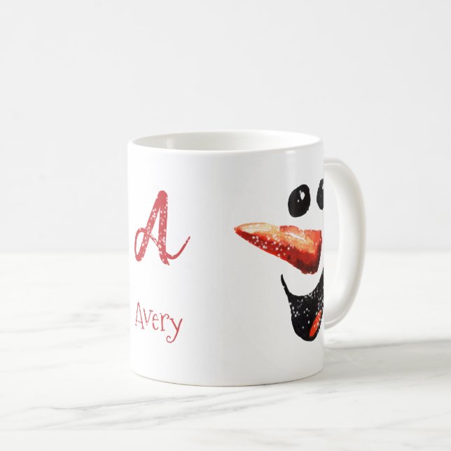 Cute It's Snowing Bold Snowman Face Name Monogram Coffee Mug (Front Right)
