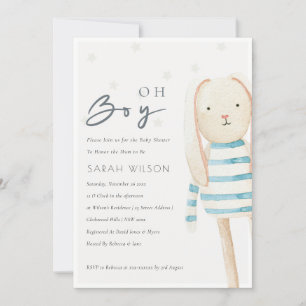 Cute Ivory Blue Bunny Oh Boy Baby Shower Invite