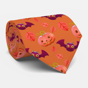 Cute Jack-o'-Lantern & Bat Pattern Orange Tie