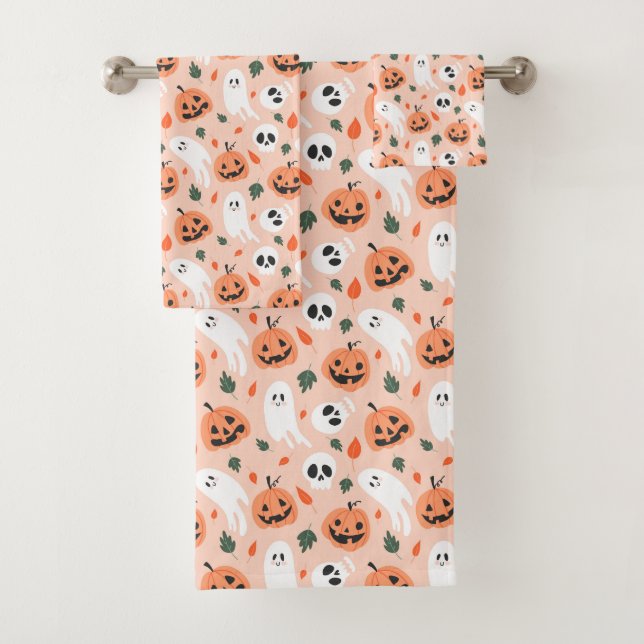 Cute Jack-O-Lantern & Ghost Pattern Bath Towel Set (Insitu)