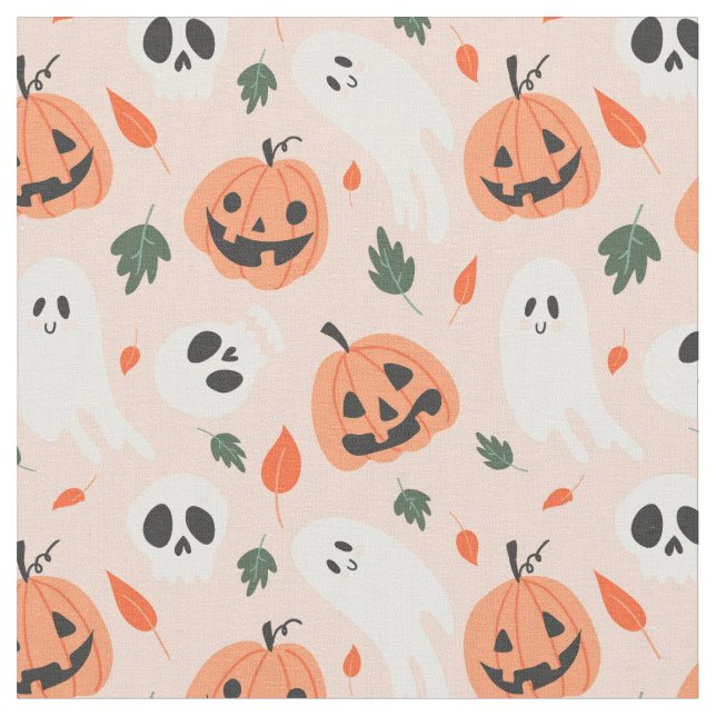 Cute Jack-O-Lantern & Ghost Pattern Fabric (Close Up)