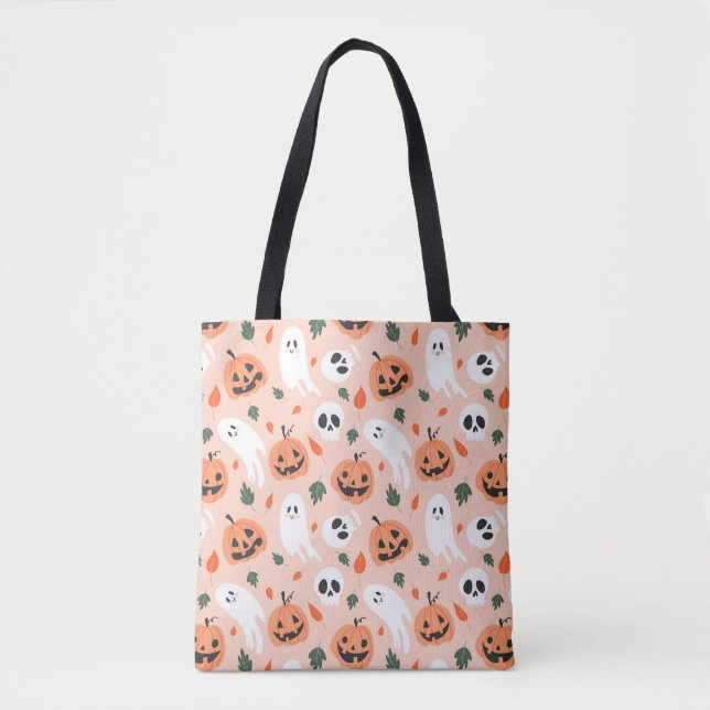 Cute Jack-O-Lantern & Ghost Pattern Tote Bag (Front)