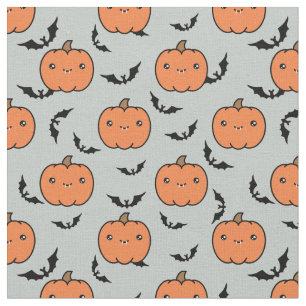 Cute Jack-O-Lantern Pumpkins & Bats Pattern Fabric