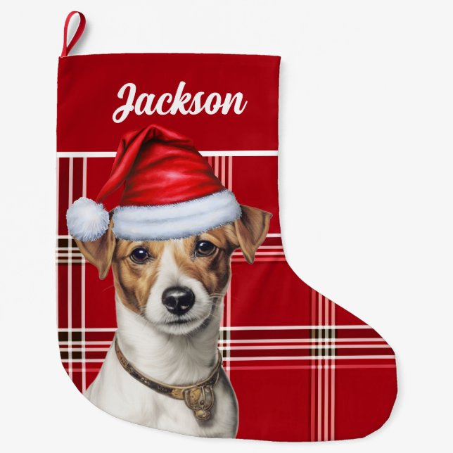 Cute Jack Russell Dog Red Plaid Personalised Large Christmas Stocking (Front)
