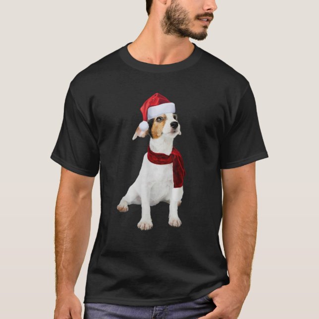 Cute Jack Russell Santa Hat Scarf Funny Christmas  T-Shirt (Front)