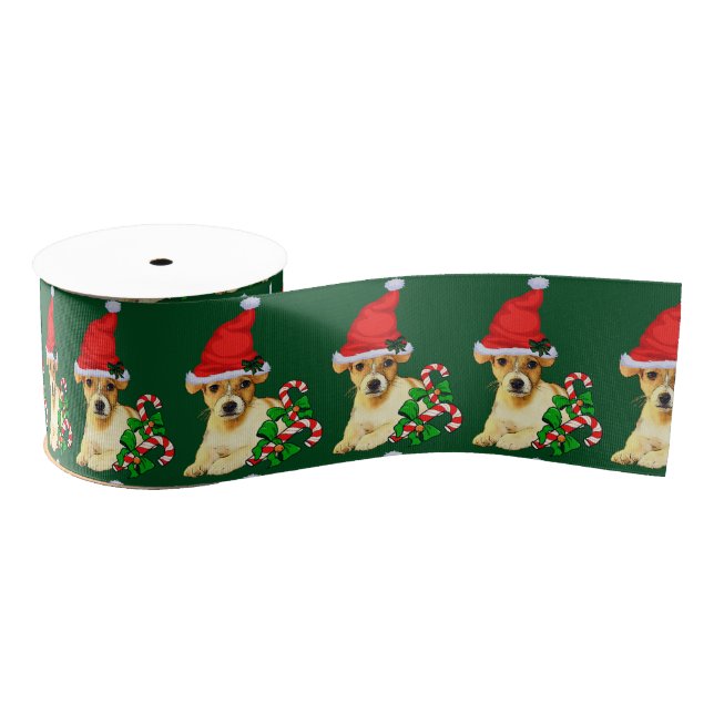 Cute Jack Russell Terrier Puppy Christmas Grosgrain Ribbon (Spool)
