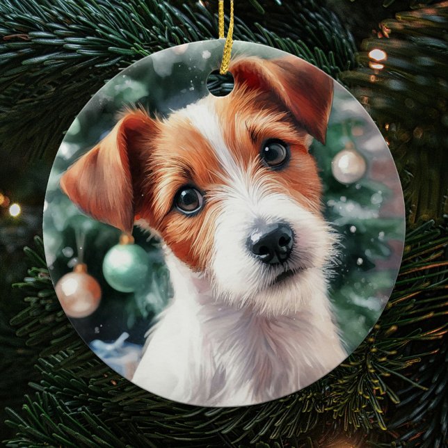 Cute Jack Russell Terrier Watercolor Christmas Ceramic Ornament (Creator Uploaded)