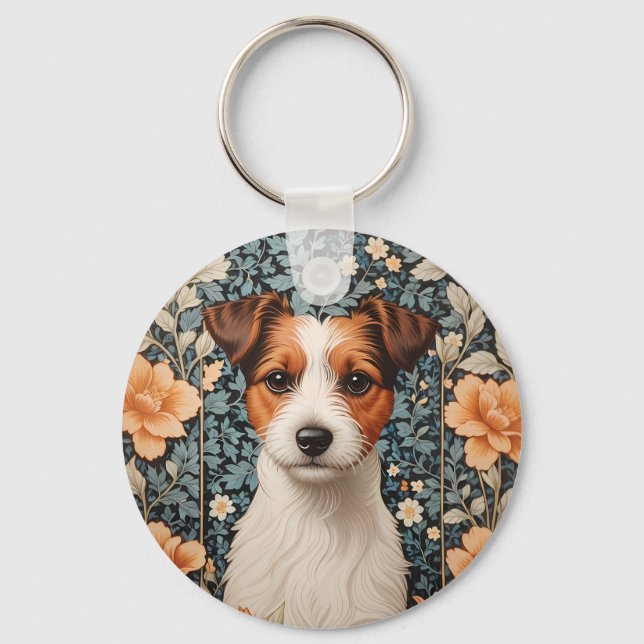 Cute Jack Russell Terrier William Morris Inspired Key Ring (Front)