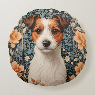 Cute Jack Russell Terrier William Morris Inspired Round Cushion