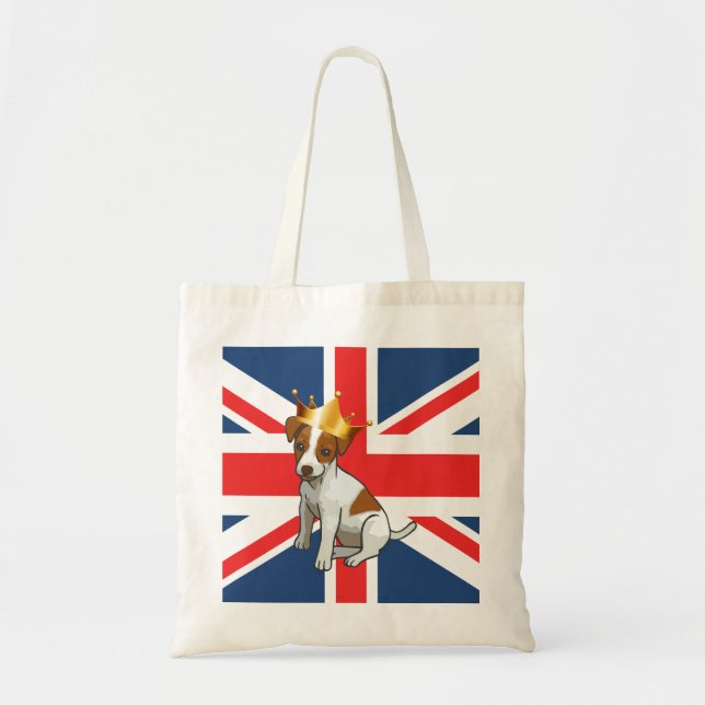 Cute Jack Russell wearing a Crown and Union Jack Tote Bag (Front)