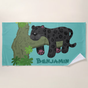 Cute jaguar black panther cartoon illustration beach towel