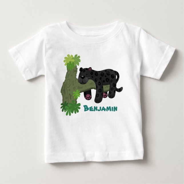 Cute jaguar black panther cat cartoon illustration baby T-Shirt (Front)