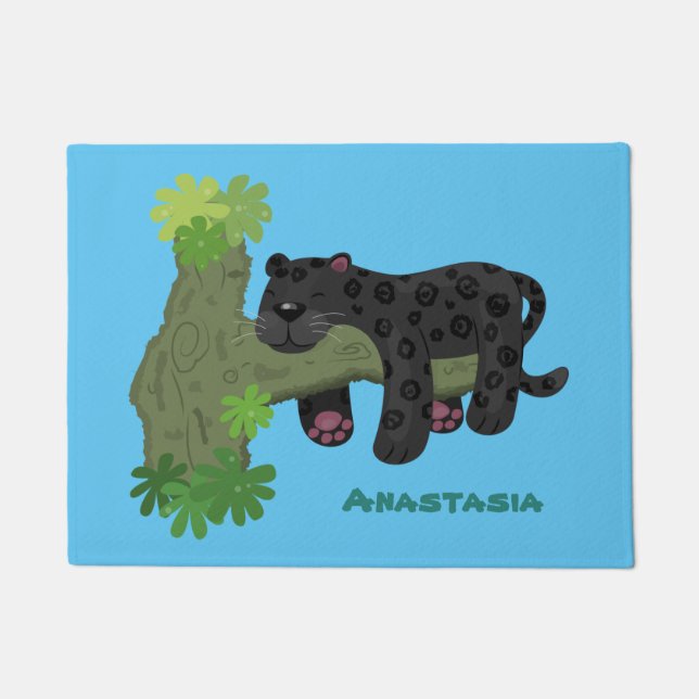 Cute jaguar black panther cat cartoon illustration doormat (Front)