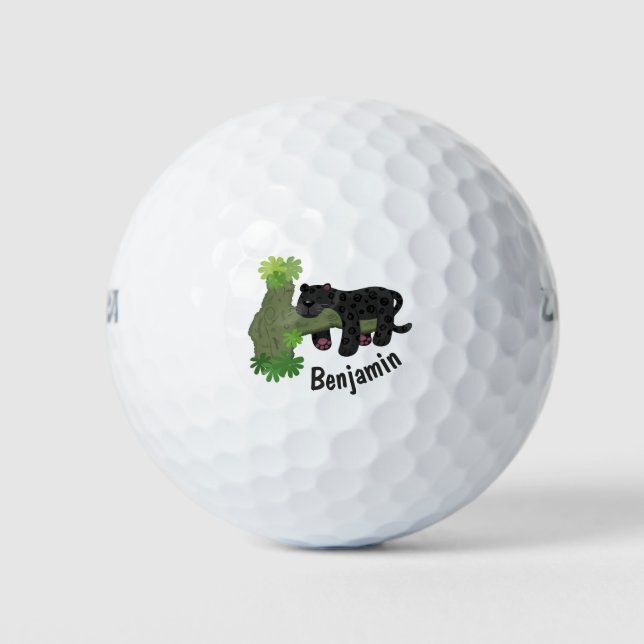 Cute jaguar black panther cat cartoon illustration golf balls (Front)
