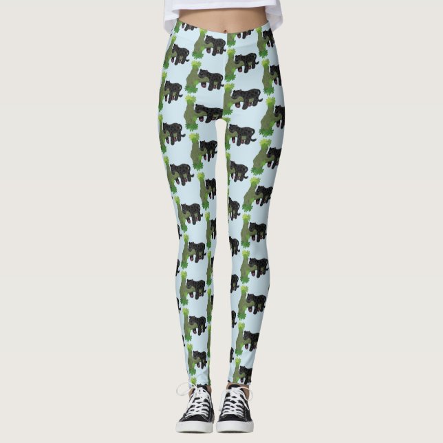 Cute jaguar black panther cat cartoon illustration leggings (Front)