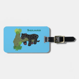 Cute jaguar black panther cat cartoon illustration luggage tag