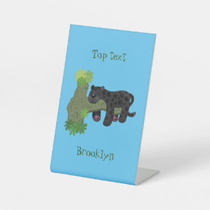 Cute jaguar black panther cat cartoon illustration pedestal sign