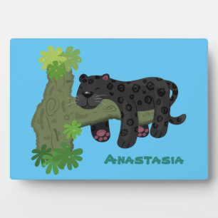 Cute jaguar black panther cat cartoon illustration plaque