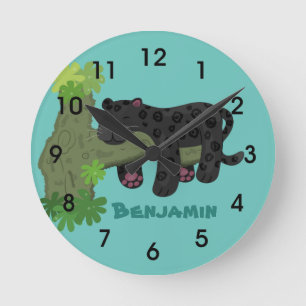 Cute jaguar black panther cat cartoon illustration round clock