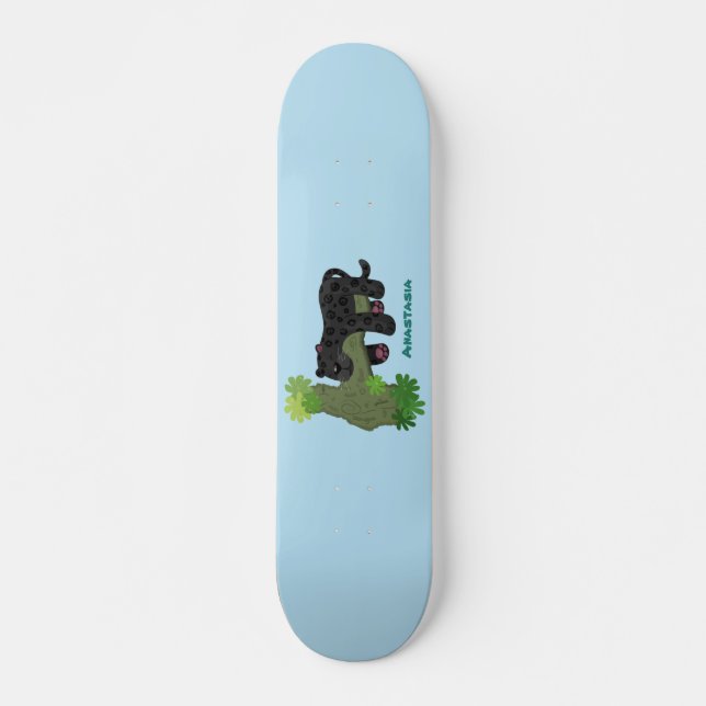 Cute jaguar black panther cat cartoon illustration skateboard (Front)