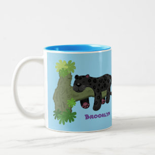 Cute jaguar black panther cat cartoon illustration Two-Tone coffee mug