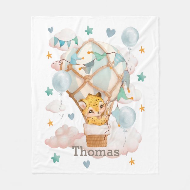 Cute jaguar cub in a hot air balloon fleece blanket (Front)