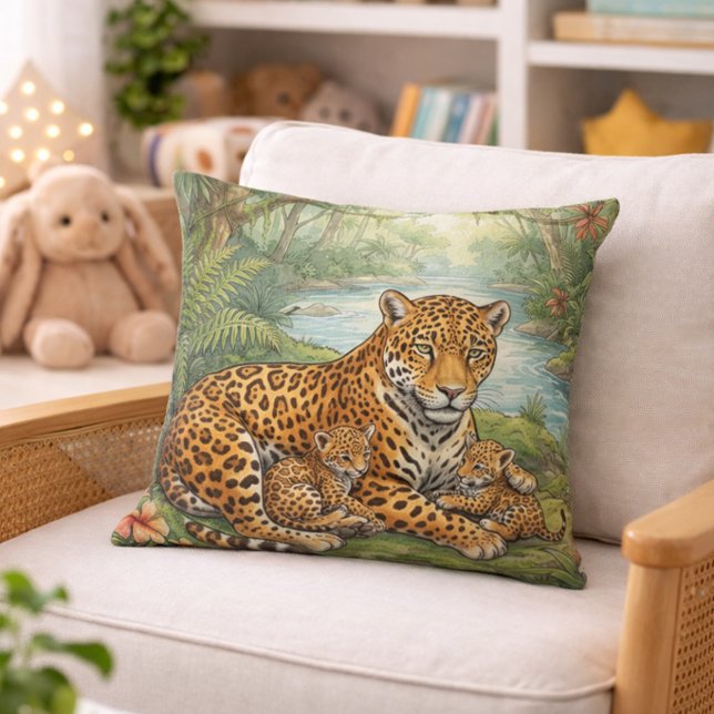 Cute Jaguar Mama And Cubs Jungle Animals  Cushion (Creator Uploaded)