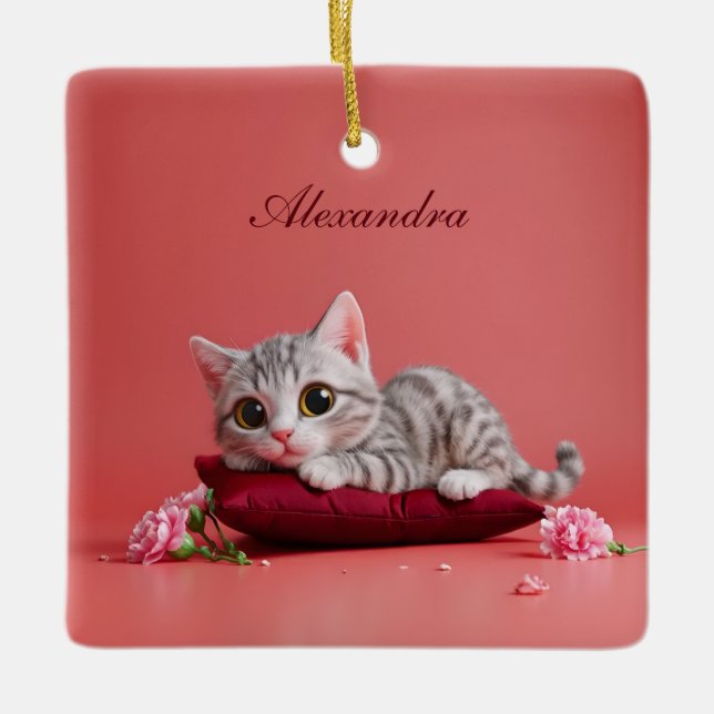 Cute January Cat with Carnations Ceramic Ornament (Front)