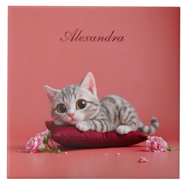 Cute January Cat with Carnations Ceramic Tile (Front)