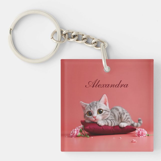 Cute January Cat with Carnations Key Ring (Front)