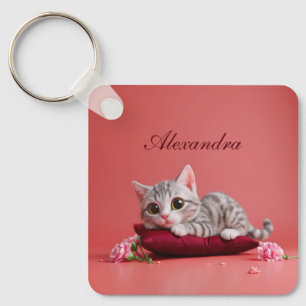 Cute January Cat with Carnations Key Ring