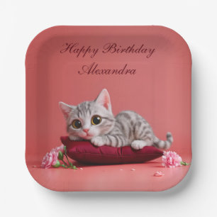 Cute January Cat with Carnations Paper Plate