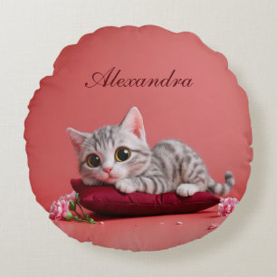 Cute January Cat with Carnations Round Cushion