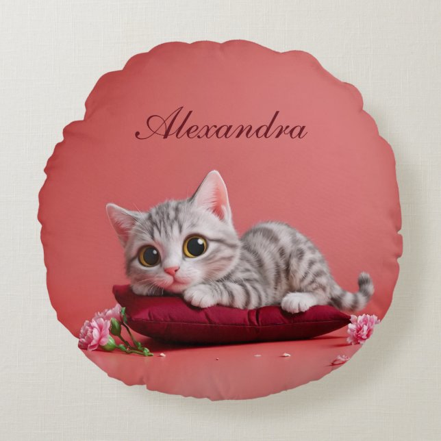 Cute January Cat with Carnations Round Cushion (Front)
