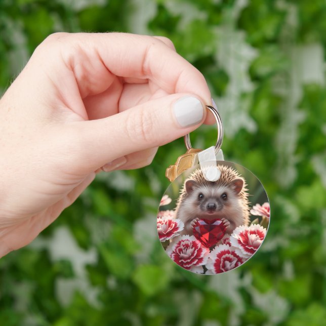 Cute January Hedgehog with Garnet Heart Key Ring (Hand)
